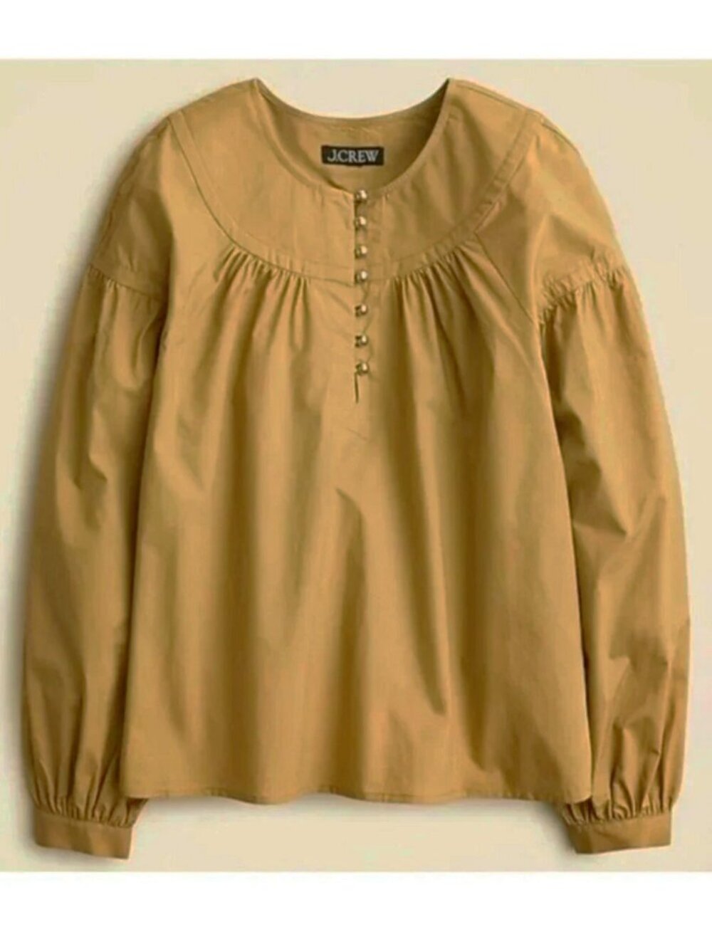 New J.Crew 100% Cotton Gold Button Shirred Popover Blouse Camel XS